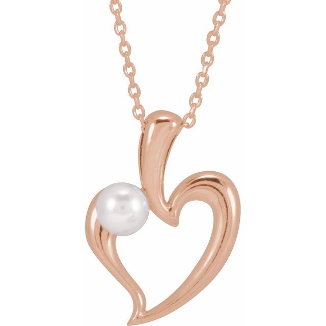 14K Rose Cultured White Akoya Pearl Heart 16-18" Necklace