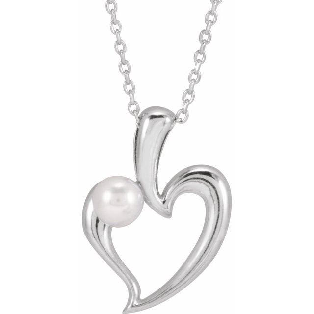 Sterling Silver Cultured White Akoya Pearl Heart Pendant
