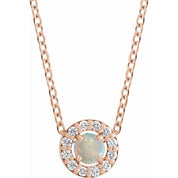 14K Rose Cabochon Natural White Opal & .06 CTW Natural Diamond Halo-Style 16-18" Necklace