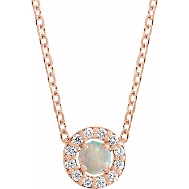 14K Rose Cabochon Natural White Opal & .06 CTW Natural Diamond Halo-Style 16-18" Necklace
