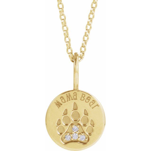 14K Yellow Gold .03 CTW Natural Diamond Mama Bear Necklace - 18 Inch
