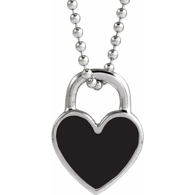 14K White Black Enamel Heart 18" Necklace