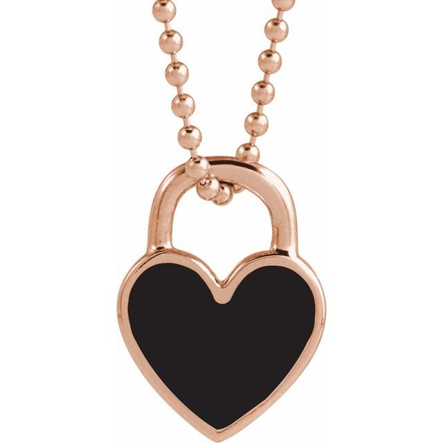 14K Rose Black Enamel Heart 18" Necklace