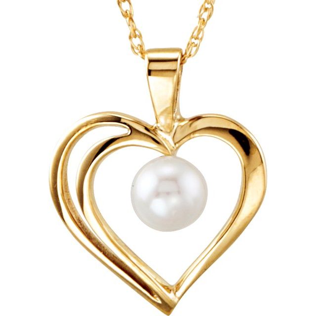 14K Yellow Cultured White Akoya Pearl Heart 18" Necklace