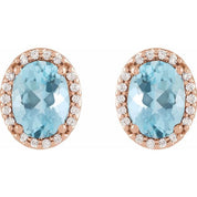 14K Rose 5x3 mm Natural Aquamarine & .04 CTW Natural Diamond Halo-Style Earrings