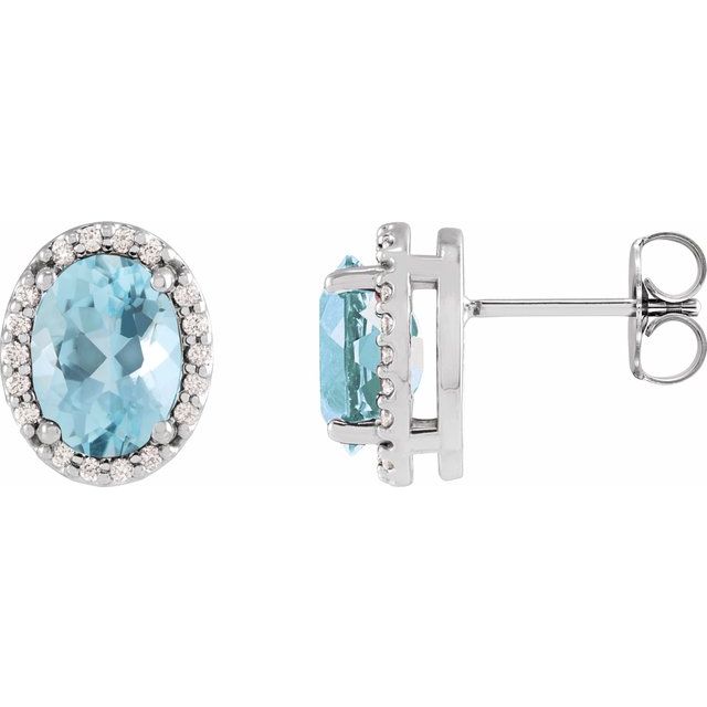Sterling Silver 5x3 mm Natural Aquamarine & .04 CTW Natural Diamond Halo-Style Earrings
