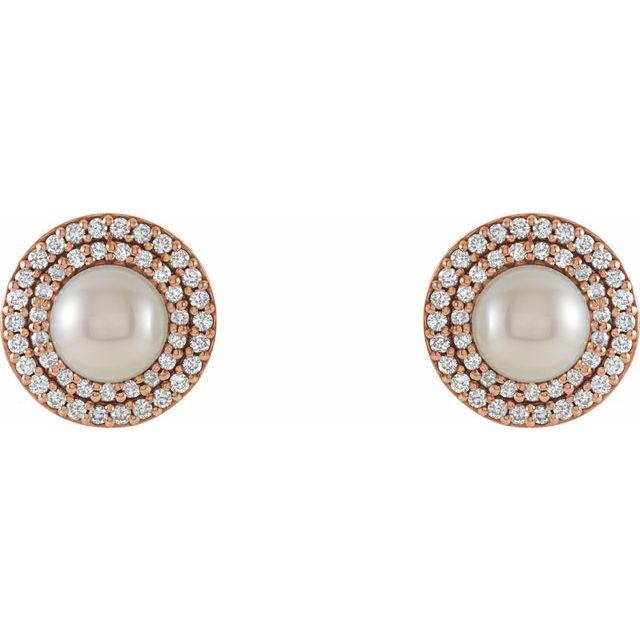 14K Rose Cultured White Freshwater Pearl  & 1/5 CTW Natural Diamond Earrings