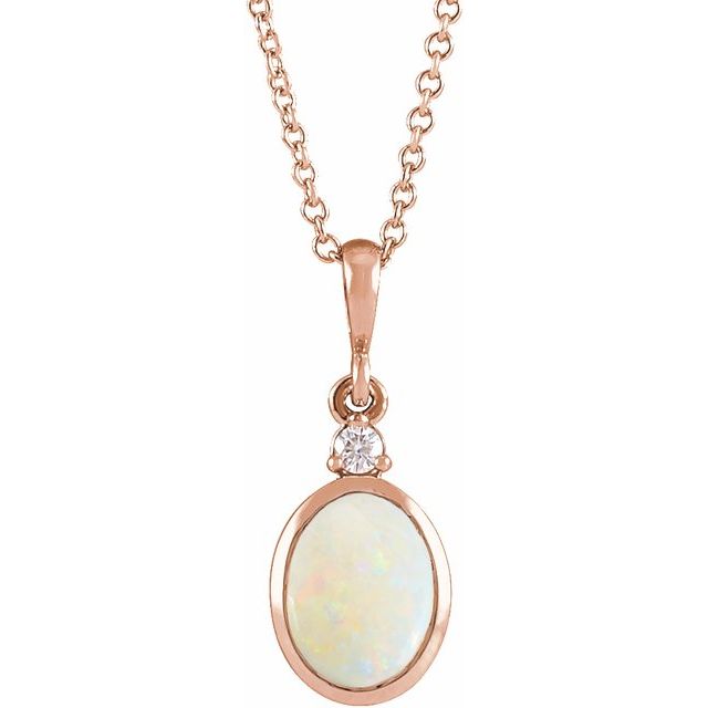 14K Rose 12x10 mm Natural White Opal & .03 CT Natural Diamond 16-18" Necklace