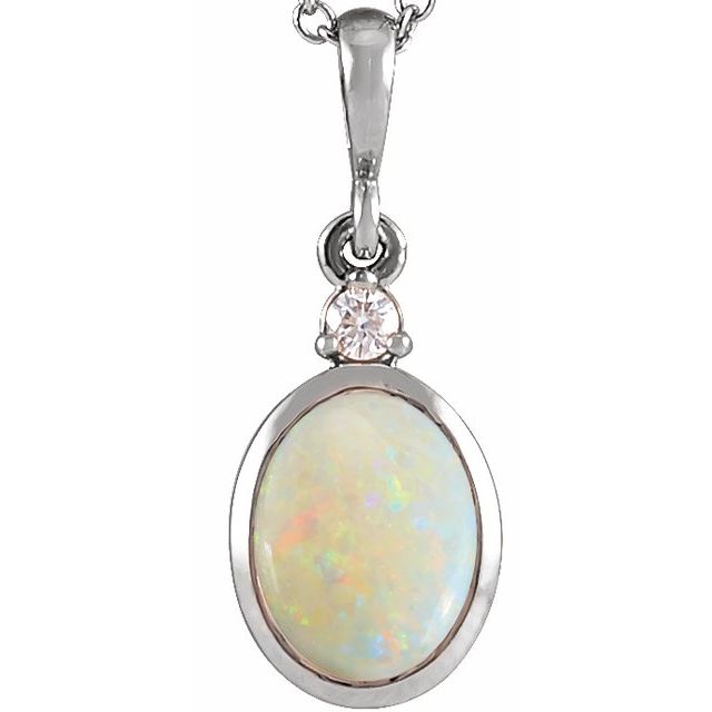 Sterling Silver 10x8 mm Natural White Opal & .03 CT Natural Diamond Cabochon Pendant