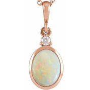14K Rose 9x7 mm Natural White Opal & .03 CT Natural Diamond Cabochon Pendant