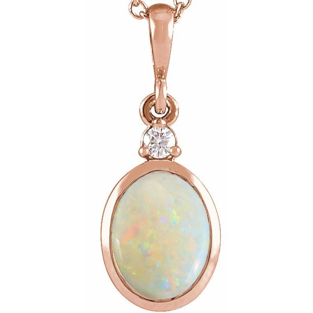 14K Rose 9x7 mm Natural White Opal & .03 CT Natural Diamond Cabochon Pendant
