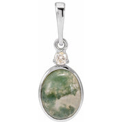 14K White 8x6 mm Natural Moss Agate & .03 CTW Natural Diamond Pendant