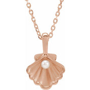 14K Rose 1-Stone Cultured White Seed Pearl Family Shell 16-18" Necklace