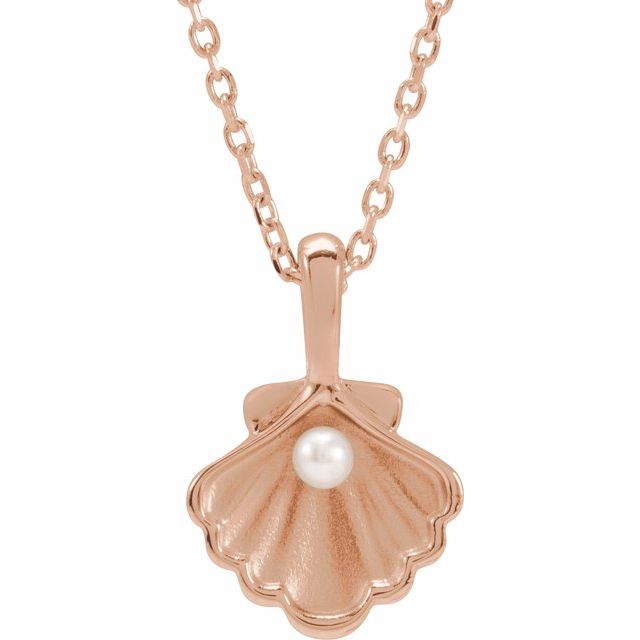 14K Rose 1-Stone Cultured White Seed Pearl Family Shell 16-18" Necklace