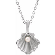 Platinum 1-Stone Cultured White Seed Pearl Family Shell 16-18" Necklace