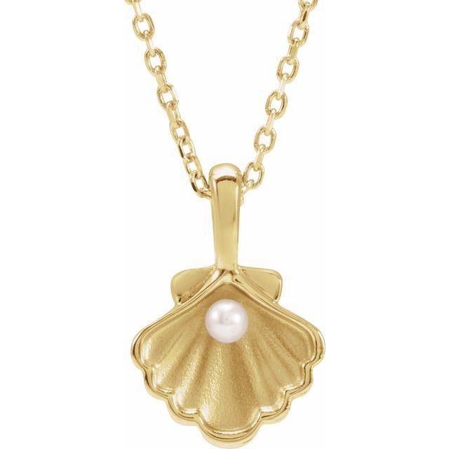 14K Yellow 1-Stone Cultured White Seed Pearl Family Shell 16-18" Necklace