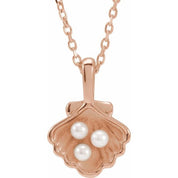 14K Rose 3-Stone Cultured White Seed Pearl Family Shell 16-18" Necklace