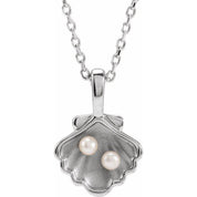 Platinum 2-Stone Cultured White Seed Pearl Family Shell 16-18" Necklace