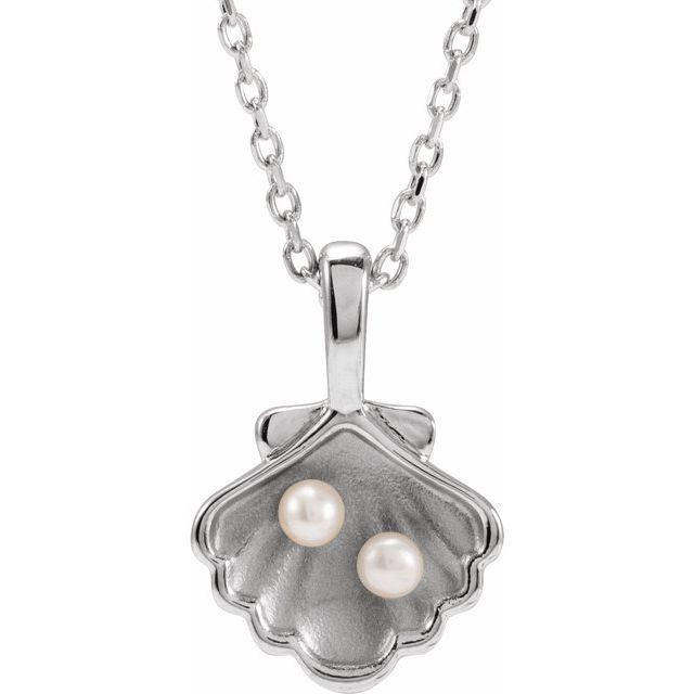 Platinum 2-Stone Cultured White Seed Pearl Family Shell 16-18" Necklace