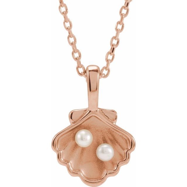 14K Rose 2-Stone Cultured White Seed Pearl Family Shell 16-18" Necklace