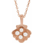 14K Rose 4-Stone Cultured White Seed Pearl Family Shell 16-18" Necklace