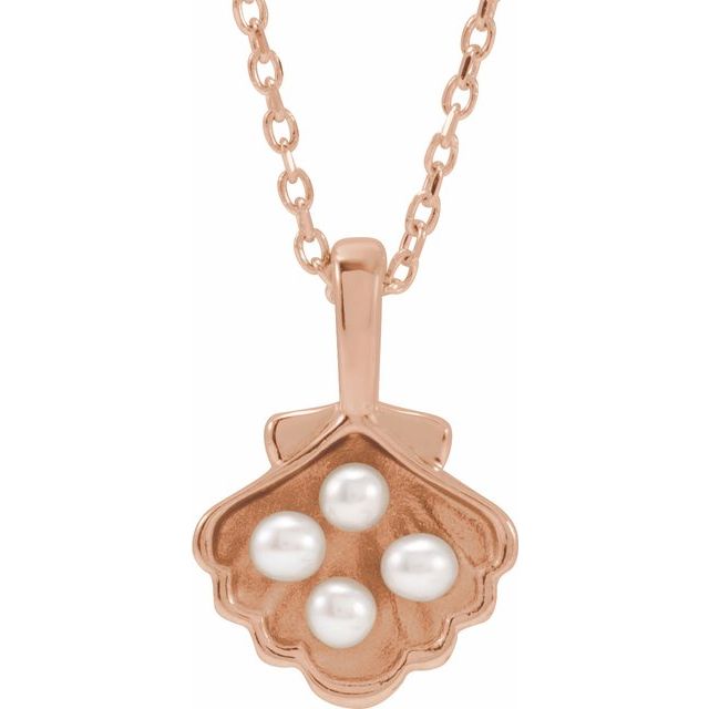 14K Rose 4-Stone Cultured White Seed Pearl Family Shell 16-18" Necklace