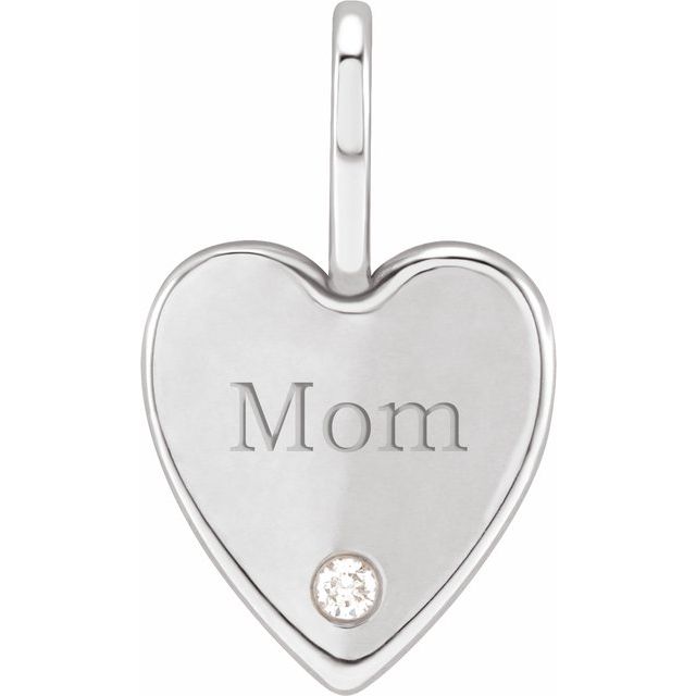 Platinum .02 CT Natural Diamond Engraved MOM Heart Charm/Pendant