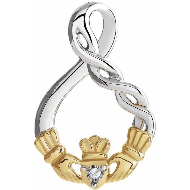 Sterling Silver & 10K Yellow .01 CT Natural Diamond Claddagh Pendant