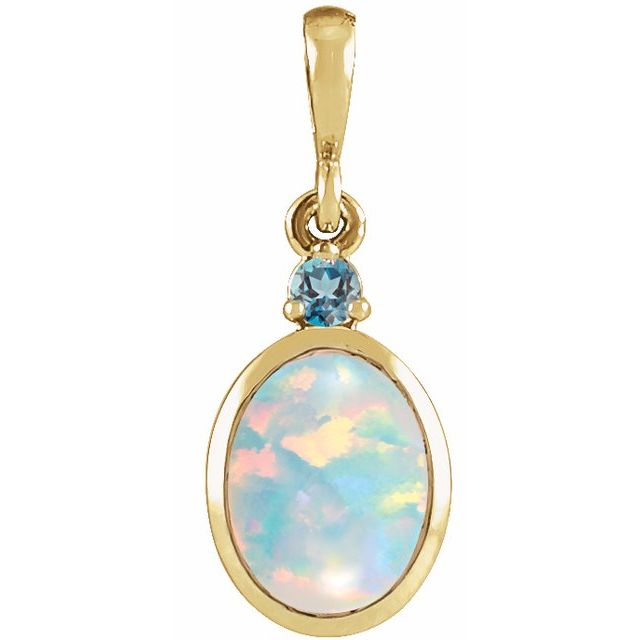 14K Yellow 6x4 mm Lab-Grown White Opal & Natural London Blue Topaz Pendant