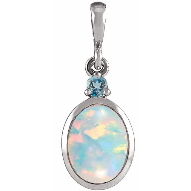 Sterling Silver 6x4 mm Lab-Grown White Opal & Natural London Blue Topaz Pendant