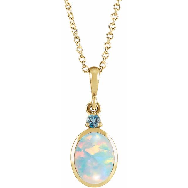 14K Yellow 5x3 mm Lab-Grown White Opal & Natural London Blue Topaz 16-18" Necklace