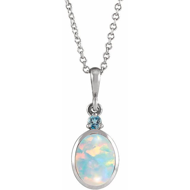 Sterling Silver 6x4 mm Lab-Grown White Opal & Natural London Blue Topaz 16-18" Necklace