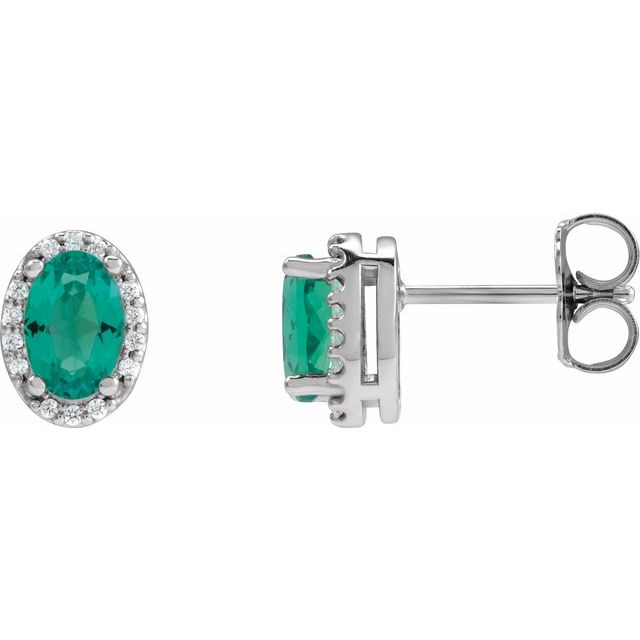 Sterling Silver 5x3 mm Lab-Grown Emerald & .04 CTW Natural Diamond Halo-Style Earrings