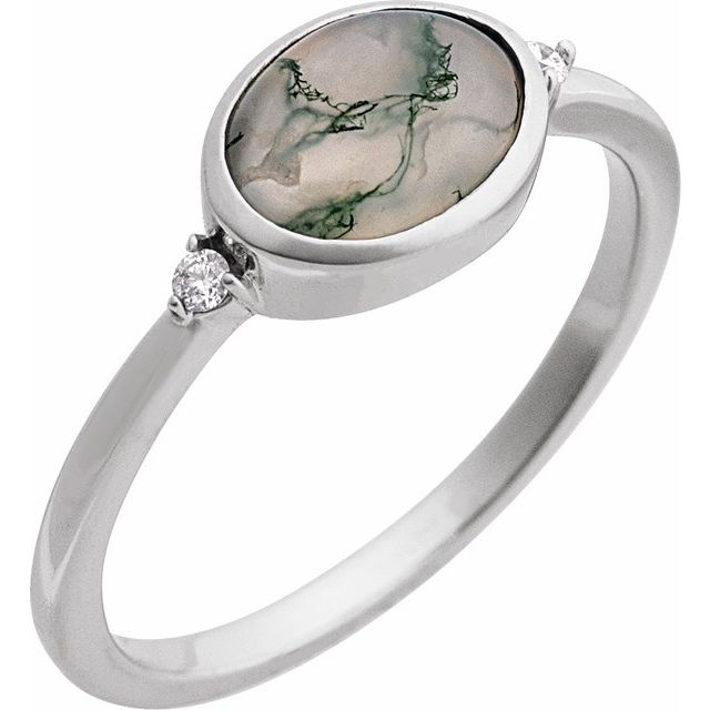 14K White Natural Moss Agate & .03 CTW Natural Diamond Ring