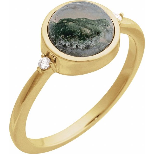 14K Yellow Natural Moss Agate & .03 CTW Natural Diamond Ring