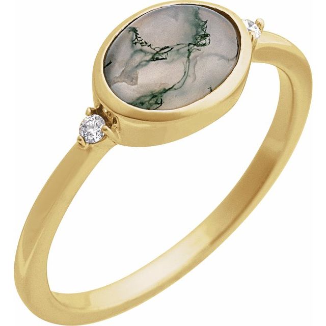 14K Yellow Natural Moss Agate & .03 CTW Natural Diamond Ring