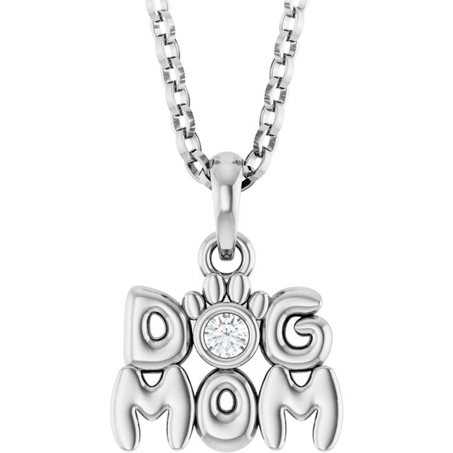 Sterling Silver .03 CT Natural Diamond Dog Mom 18" Necklace