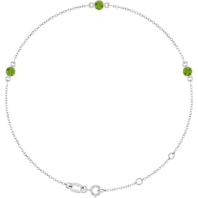 14K White Natural Peridot Bezel-Set Three-Stone 6 1/2-7 1/2" Bracelet