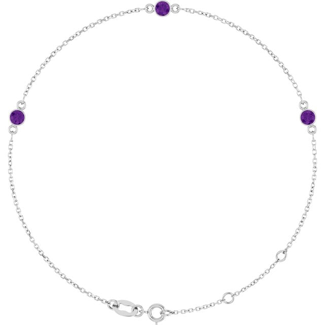 14K White Natural Amethyst Bezel-Set Three-Stone 6 1/2-7 1/2" Bracelet