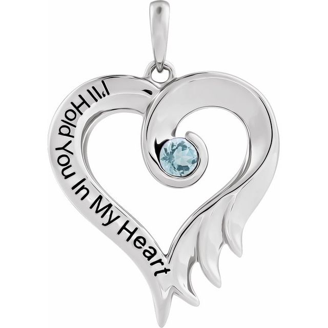 Sterling Silver Natural Aquamarine & Engraved I'll Hold You In My Heart Pendant