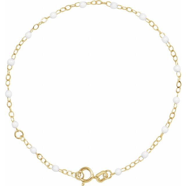 14K Yellow 2 mm Adjustable White Enamel Bead 6-7" Chain