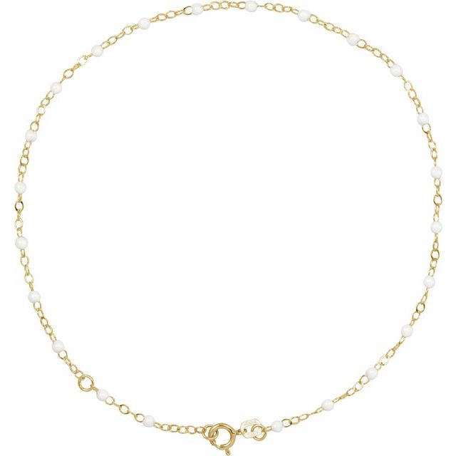 14K Yellow 2 mm Adjustable White Enamel Bead 9-10" Chain
