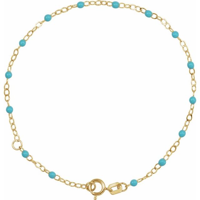 14K Yellow 2 mm Adjustable Turquoise Enamel Bead 6-7" Chain