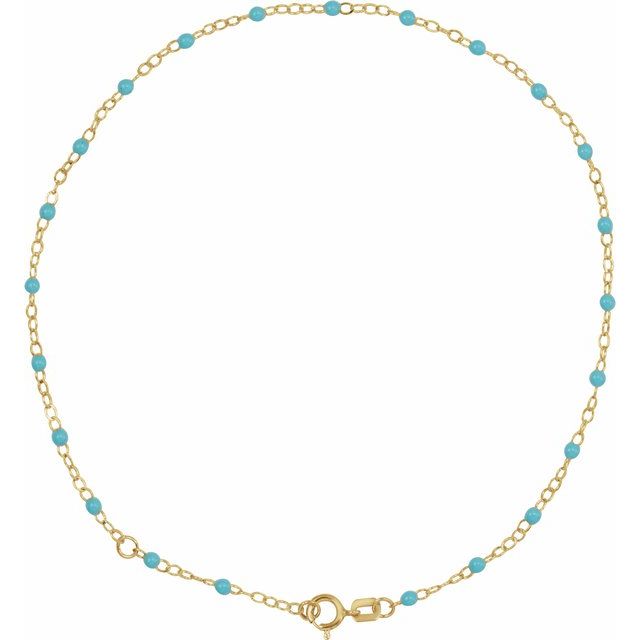 14K Yellow 2 mm Adjustable Turquoise Enamel Bead 9-10" Chain