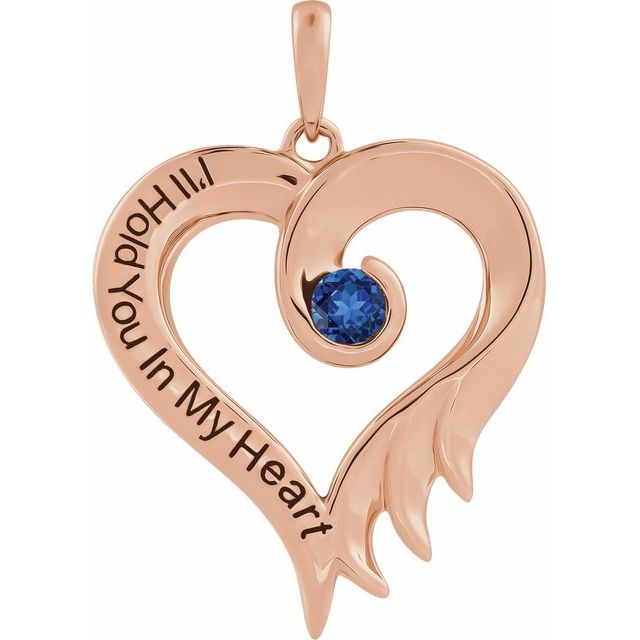 14K Rose Lab-Grown Blue Sapphire & Engraved I'll Hold You In My Heart Pendant