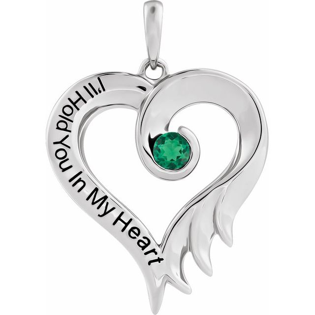 Sterling Silver Lab-Grown Emerald & Engraved I'll Hold You In My Heart Pendant