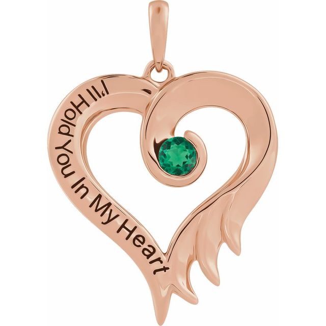 14K Rose Lab-Grown Emerald & Engraved I'll Hold You In My Heart Pendant