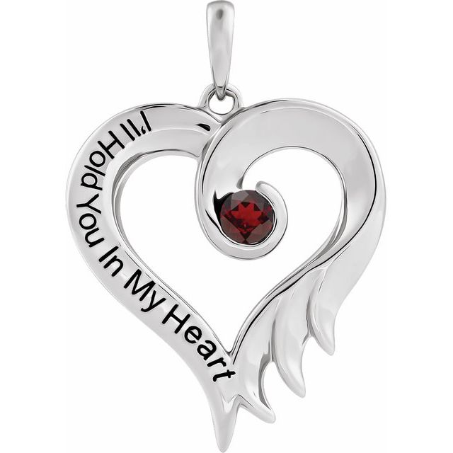 Sterling Silver Natural Mozambique Garnet & Engraved I'll Hold You In My Heart Pendant