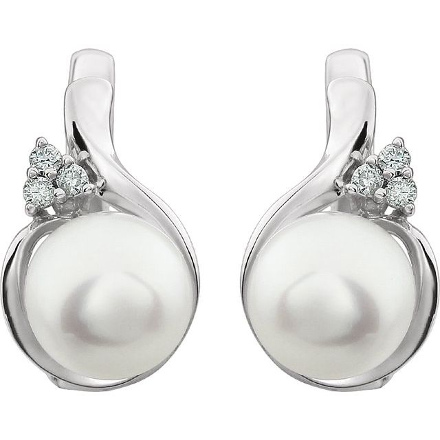 14K White Cultured White Freshwater Pearl & .08 CTW Natural Diamond Earrings