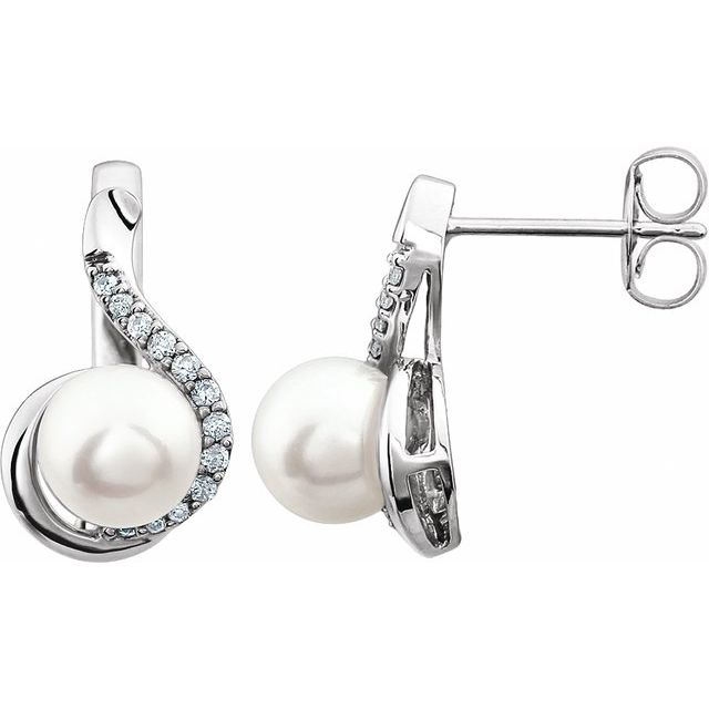 14K White Cultured White Freshwater Pearl  & 1/5 CTW Natural Diamond Earrings